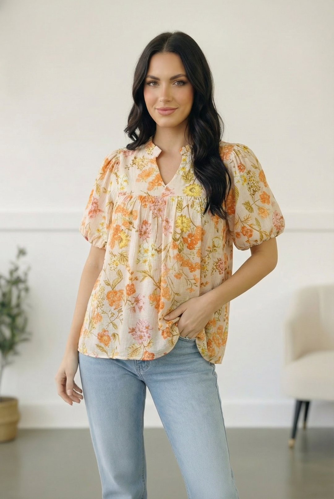 Sunlit Garden Notch Neck Blouse