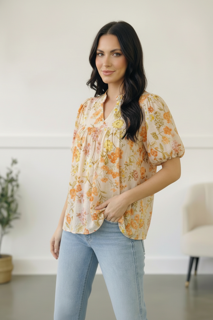 Sunlit Garden Notch Neck Blouse