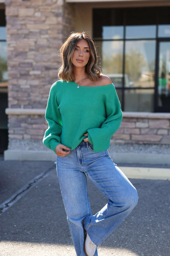 Avery Ribbed Boat Neck Sweater - Green - FINAL SALE