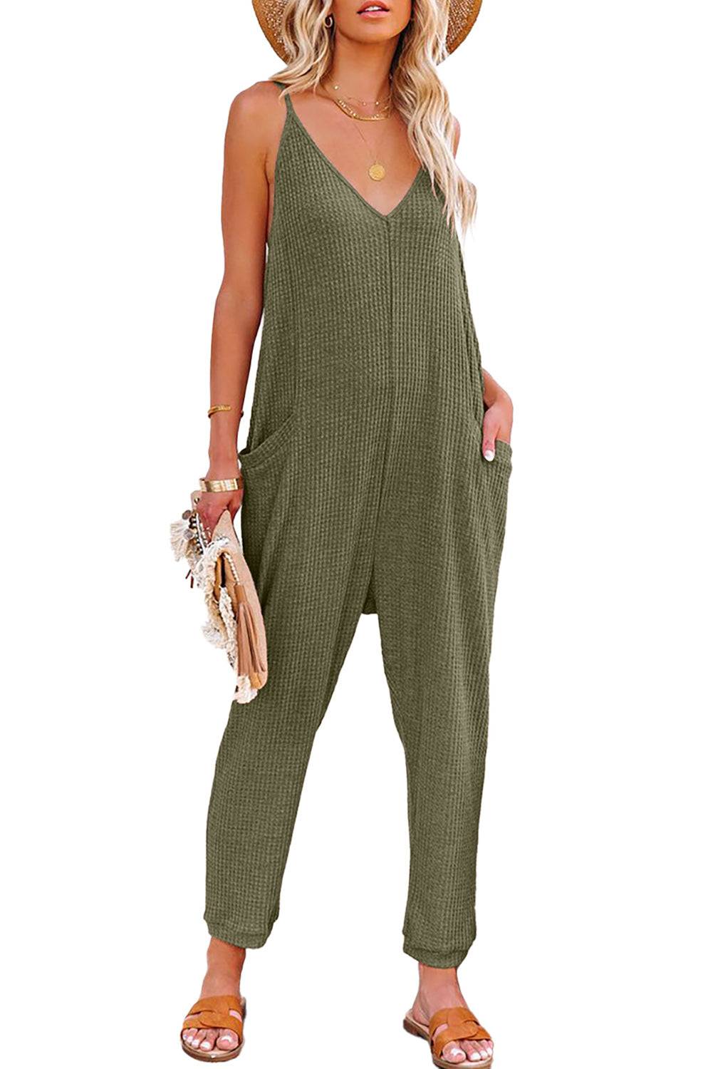 Green Textured Sleeveless V-Neck Pocketed Casual Jumpsuit