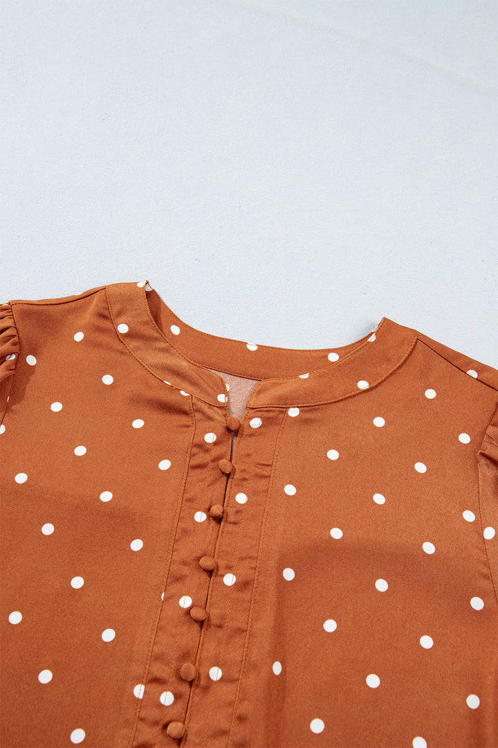 Brown Polka Dot Half Button V Neck Long Sleeve Blouse