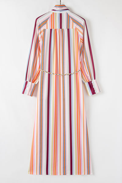 White Multicolor Striped Cuffed Sleeve Tassel Tied Shirt Maxi Dress