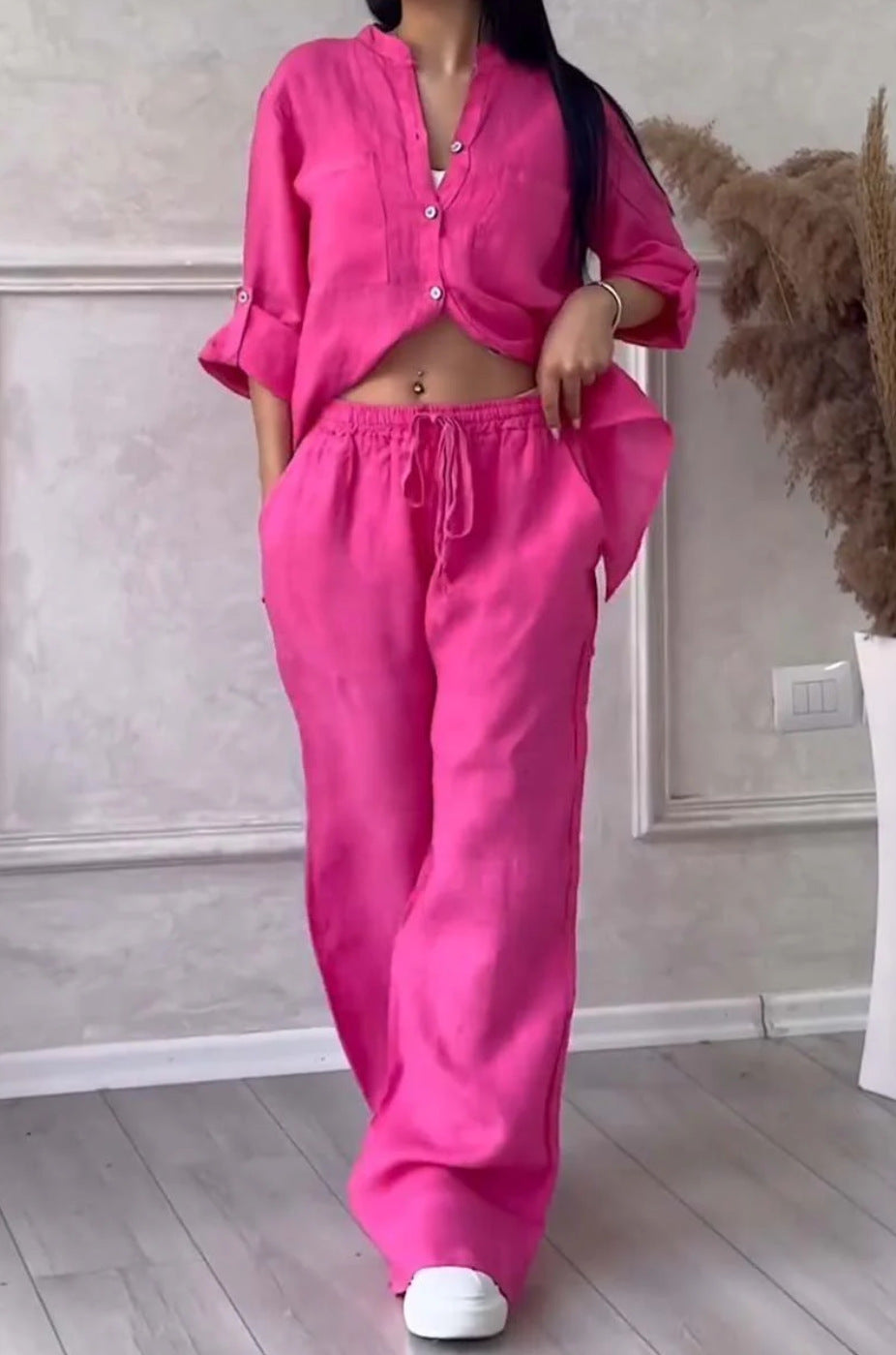 Wide-Leg Pants &amp; Lace-Up Top Two-Piece Set – Solid Color, 12 Colors S–5XL