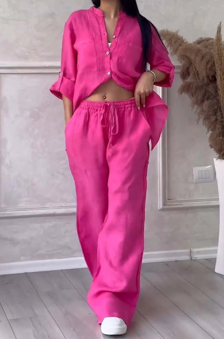 Wide-Leg Pants &amp; Lace-Up Top Two-Piece Set – Solid Color, 12 Colors S–5XL