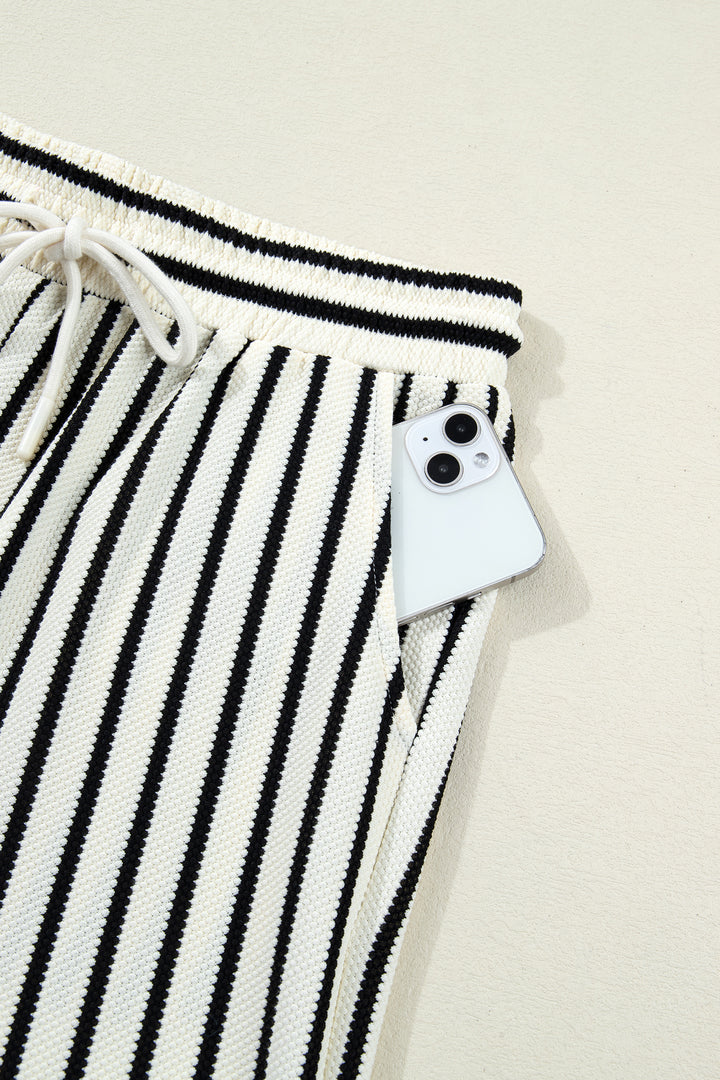 White Stripe Ruffle Trim Drop Shoulder Top Drawstring Loose Pant Set