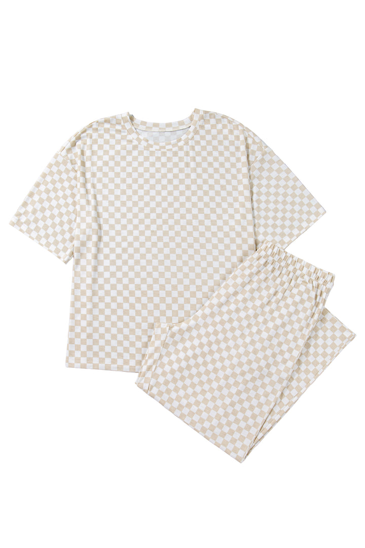 Khaki Plus Size Checkered Print Half Sleeve Tee Loose Pants Two-piece Lounge Set