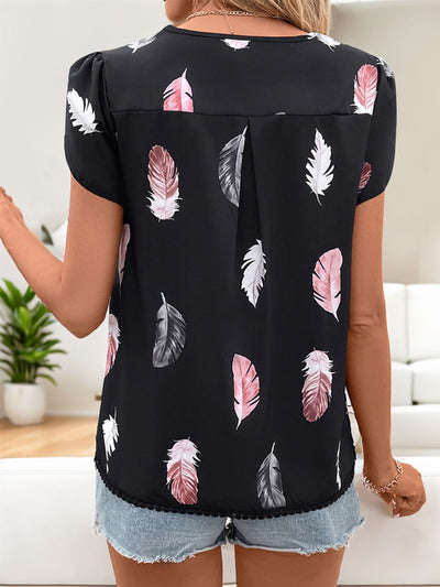 Perfee Printed V-Neck Short Sleeve Blouse