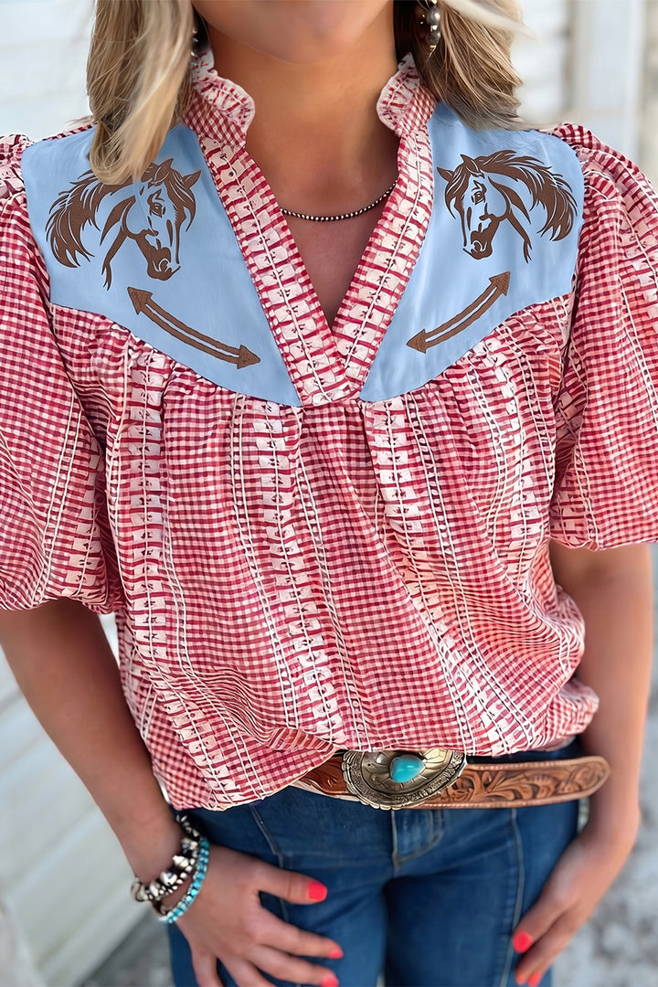 Red Western Pony Embroidered Yoke Puff Sleeve Gingham Blouse