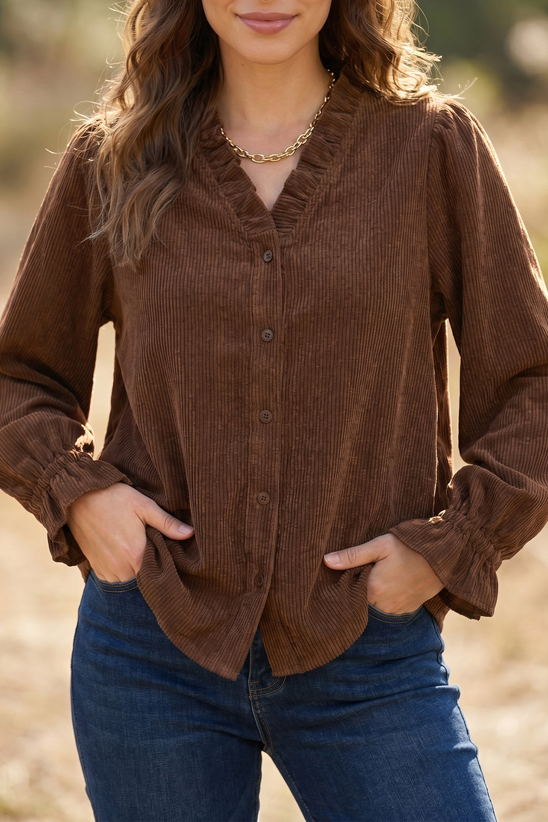 Coffee Solid Color Ruffle Trim V Neck Long Sleeve Button Corduroy Shakcet