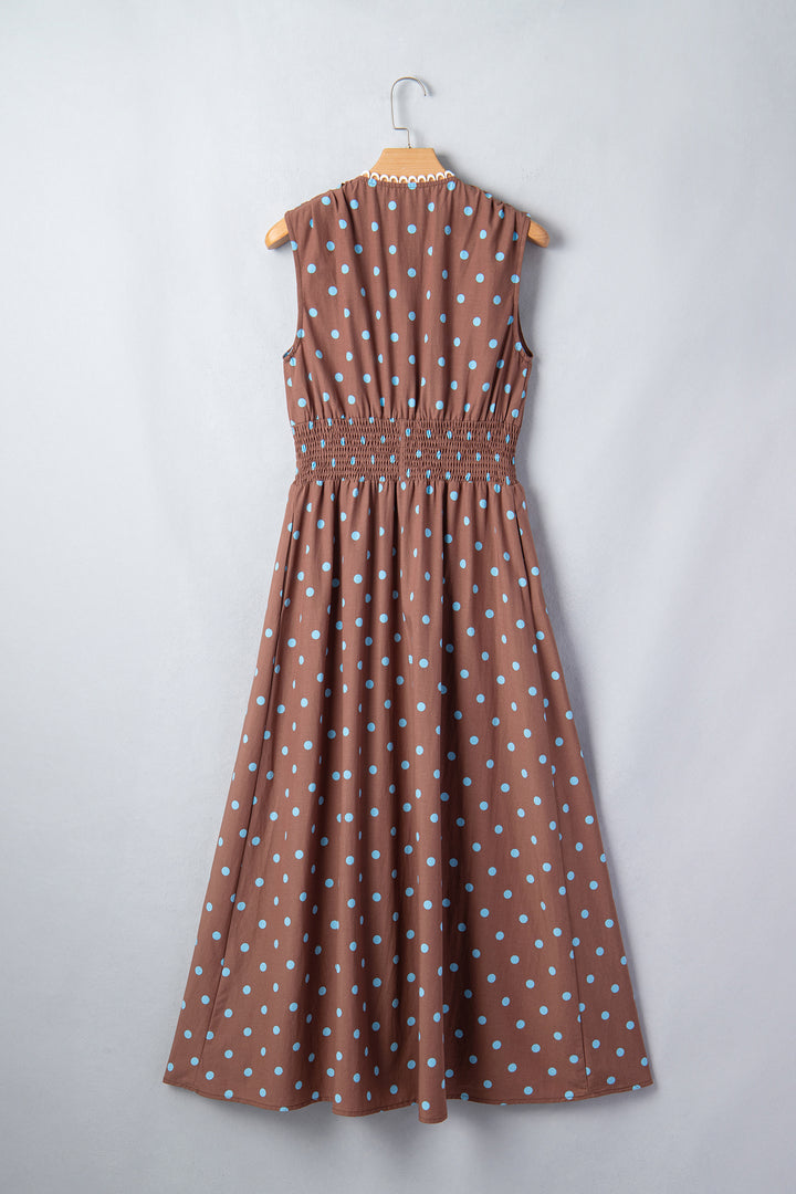 Black Polka Dot Print Contrast Trim V Neck Zip Up Sleeveless Dress