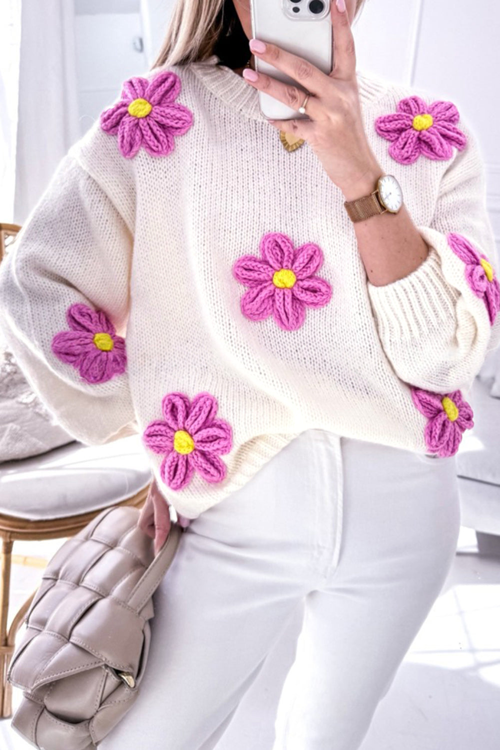 Parchment Floral Crochet Chunky Knit Sweater