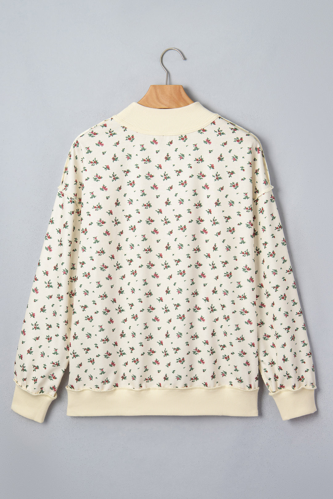 Beige Floral Print Stand Neck Long Sleeve Slogan Sweatshirt