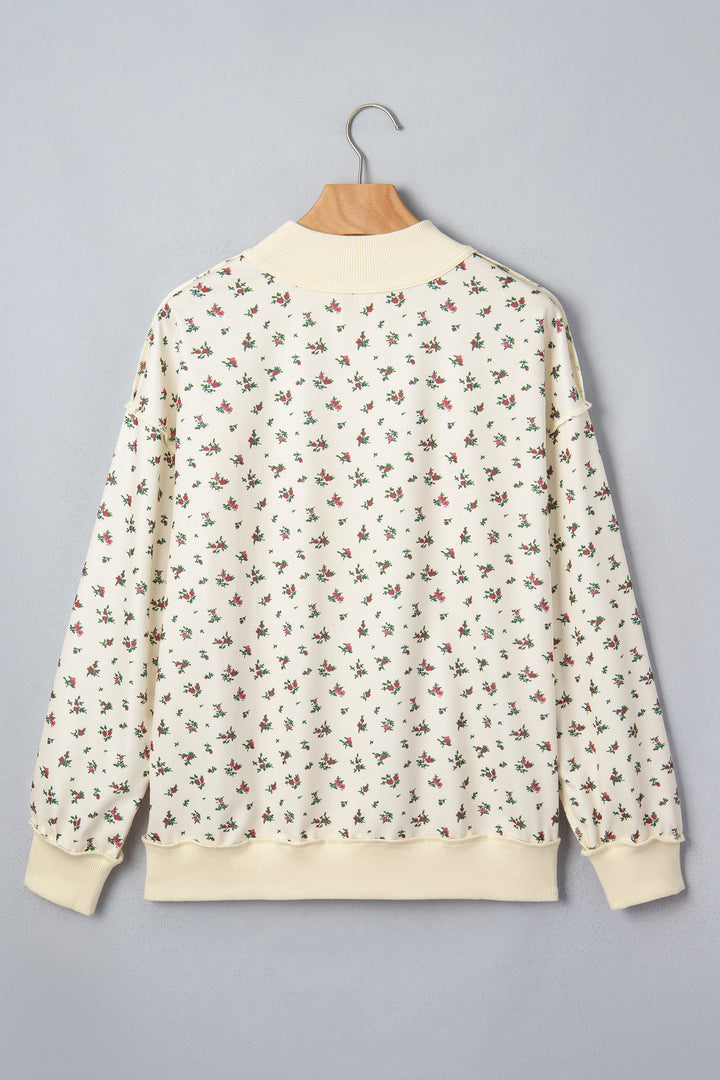 Beige Floral Print Stand Neck Long Sleeve Slogan Sweatshirt