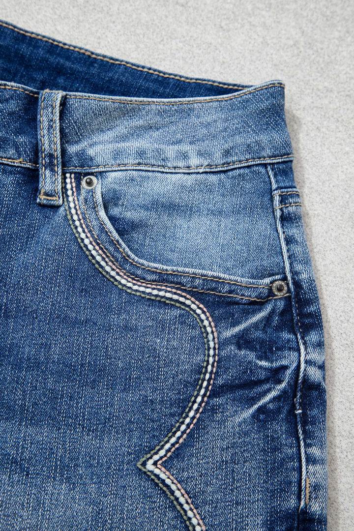 Blue Western Embroidered Flare Full Length Jeans