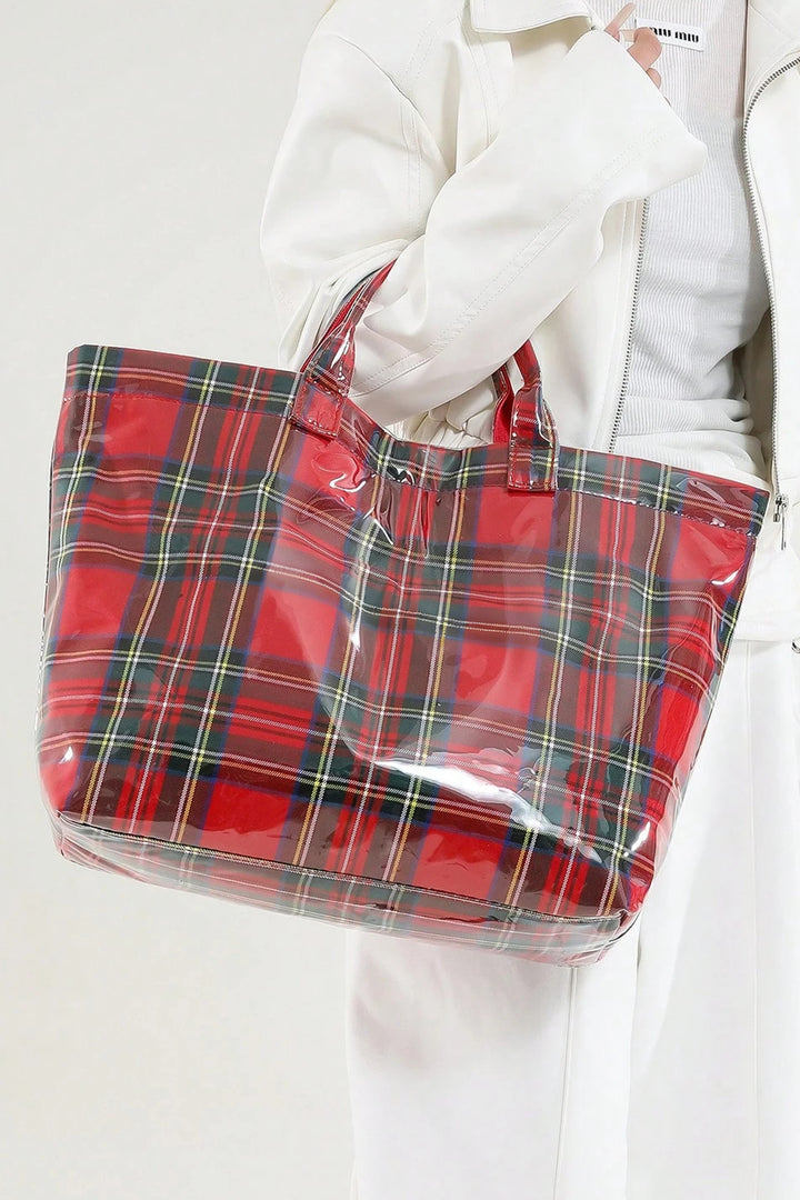 Fiery Red Plaid Pattern PVC Glossy Waterproof Tote Bag