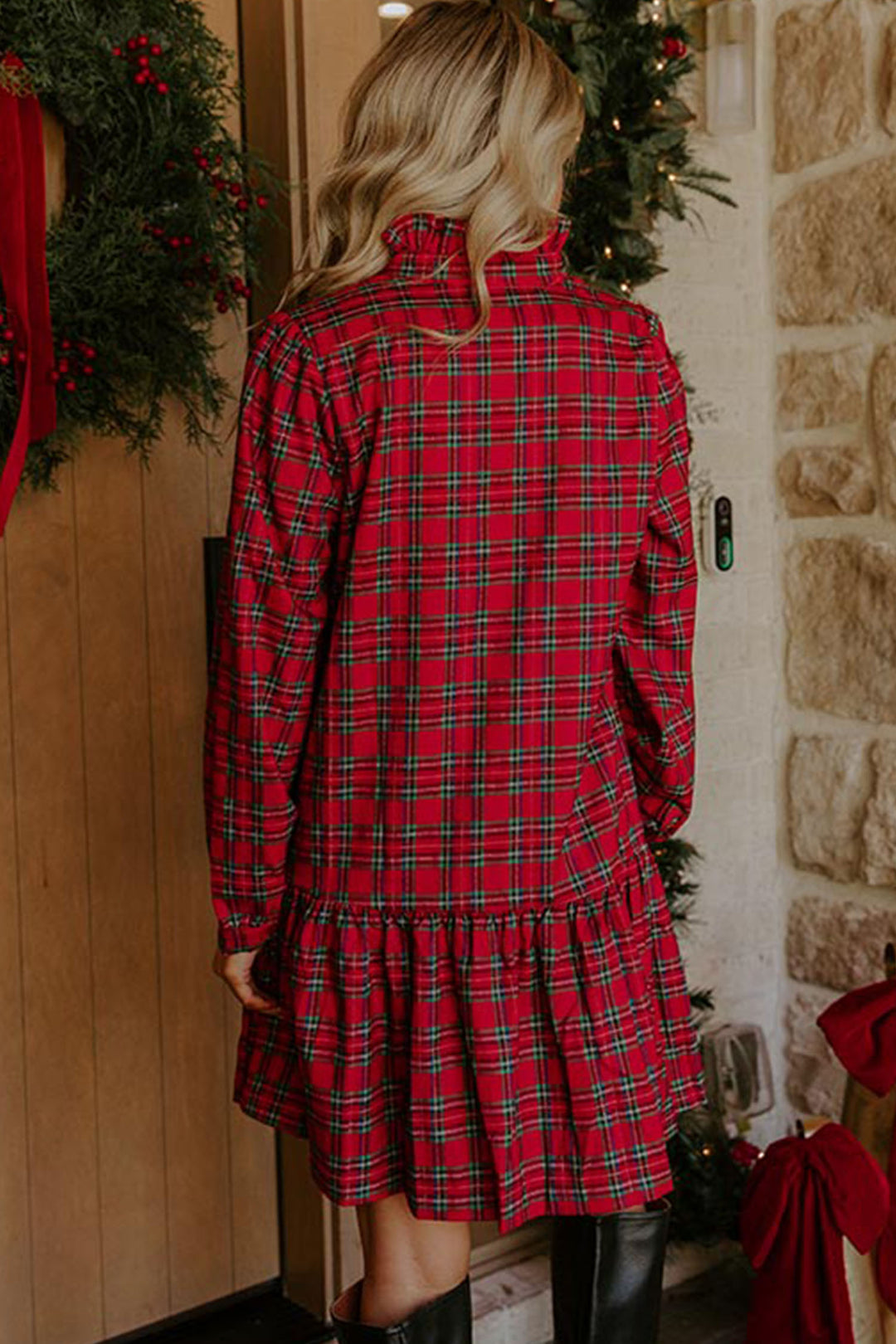 Red Plaid Long Sleeve Mini Shift Silhouette Decoration Dress