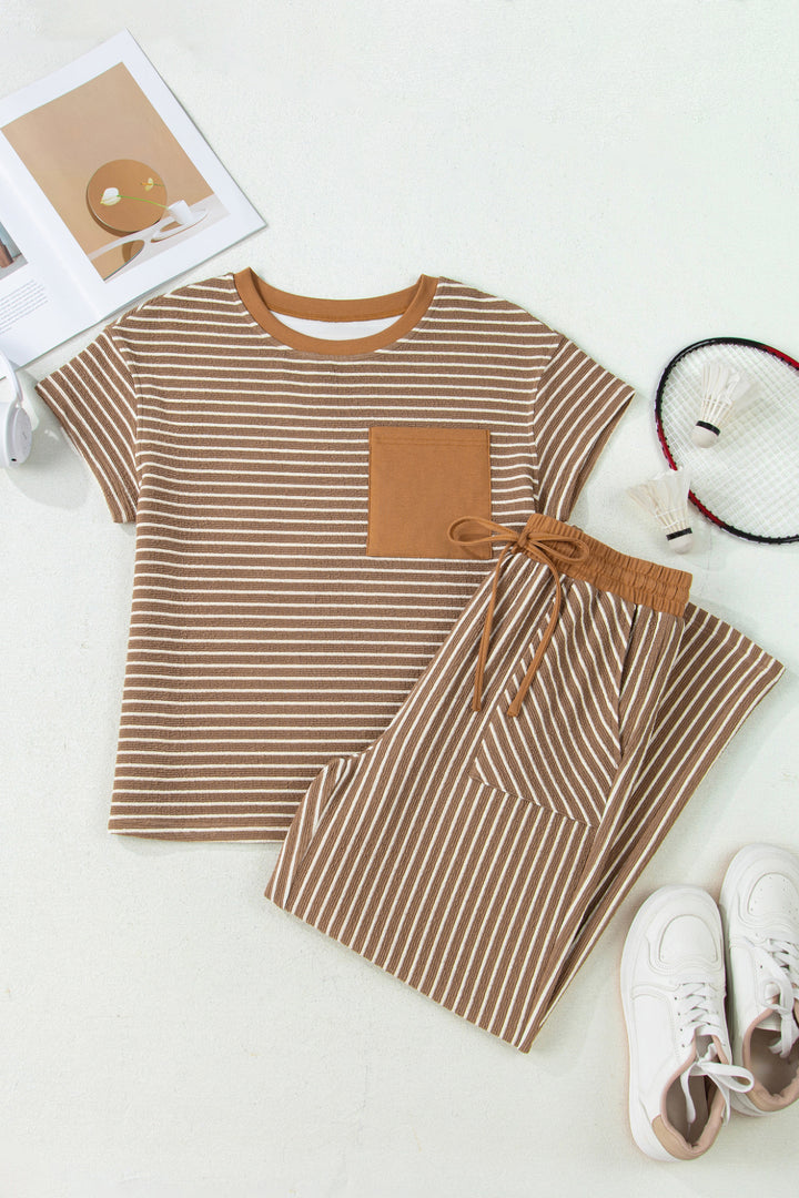 Khaki Stripe Crew Neck Tee Drawstring Waist Cropped Pants Set