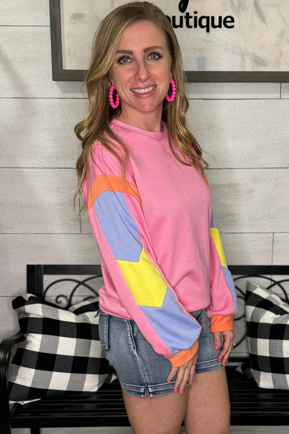 Pink Candy Colorblock French Terry Top