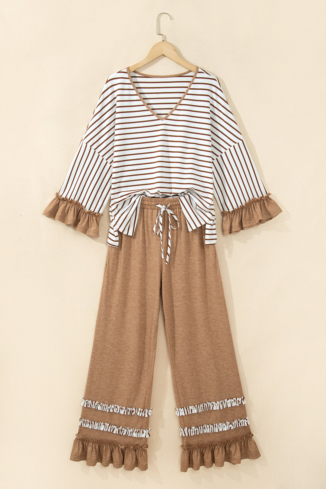 Gray Stripe V Neck Ruffle Contrast Sleeve Top Drawstring Pants 2pcs Set