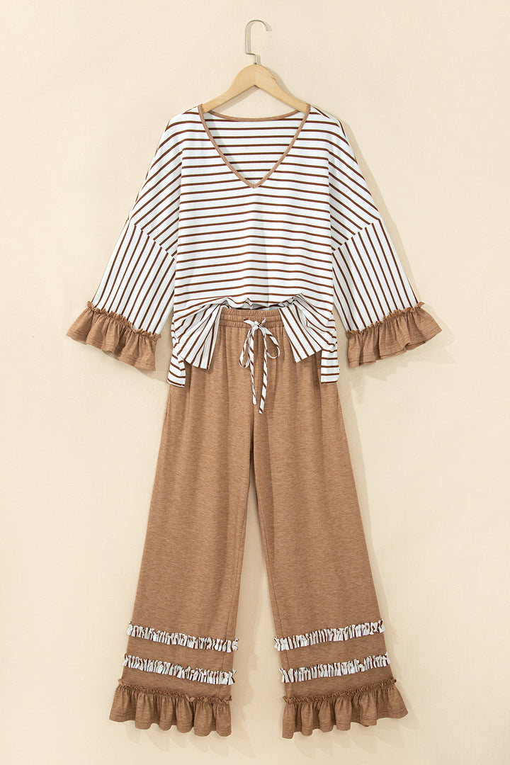 Gray Stripe V Neck Ruffle Contrast Sleeve Top Drawstring Pants 2pcs Set