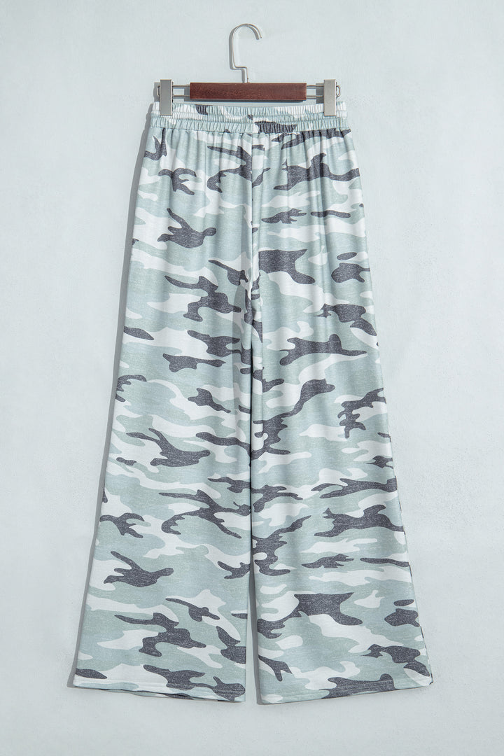 Green Camo Wide Leg Tie Elastic Waist Casual Pants