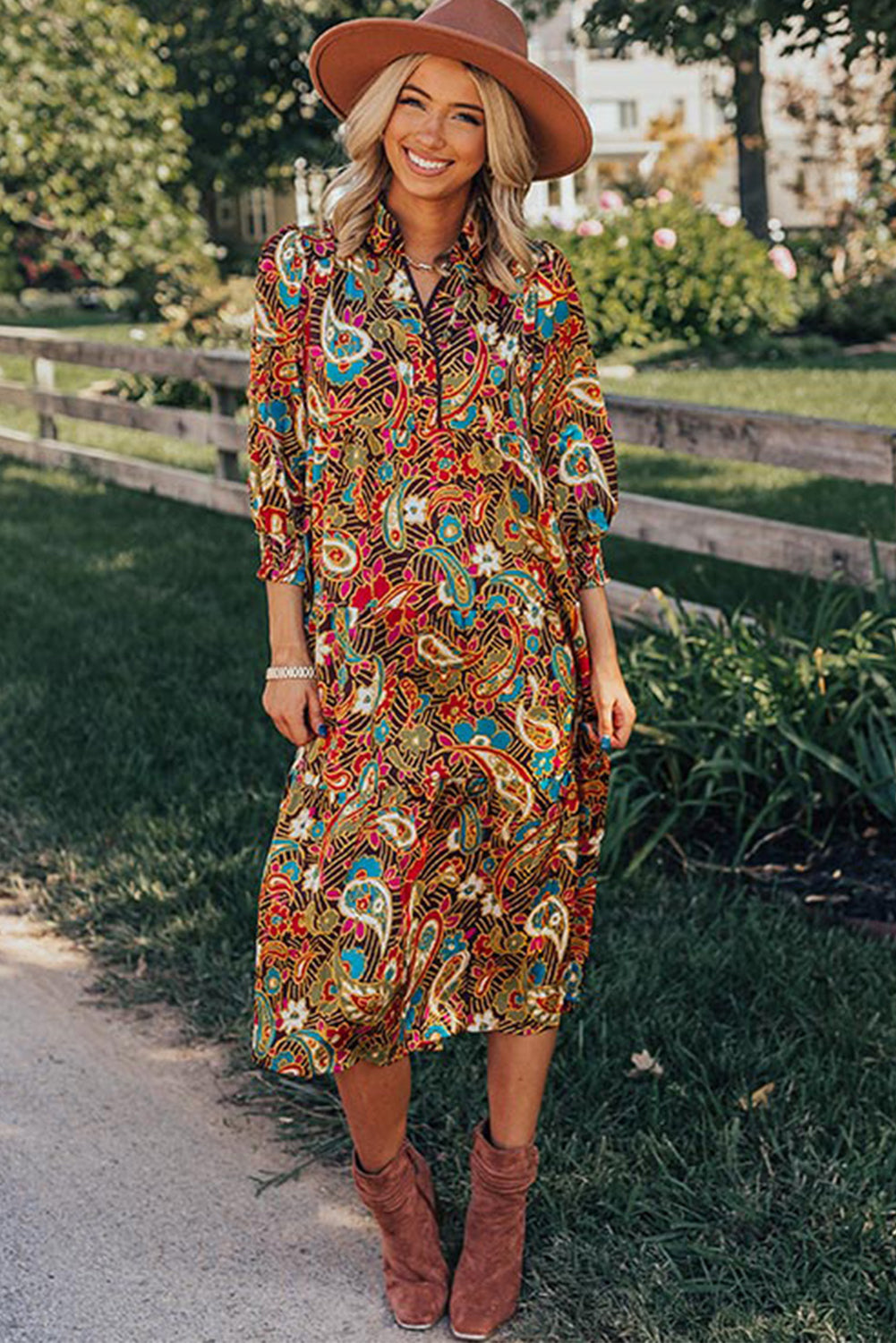 Yellow Paisley Mixed Print Collared 3/4 Sleeve Midi Dress