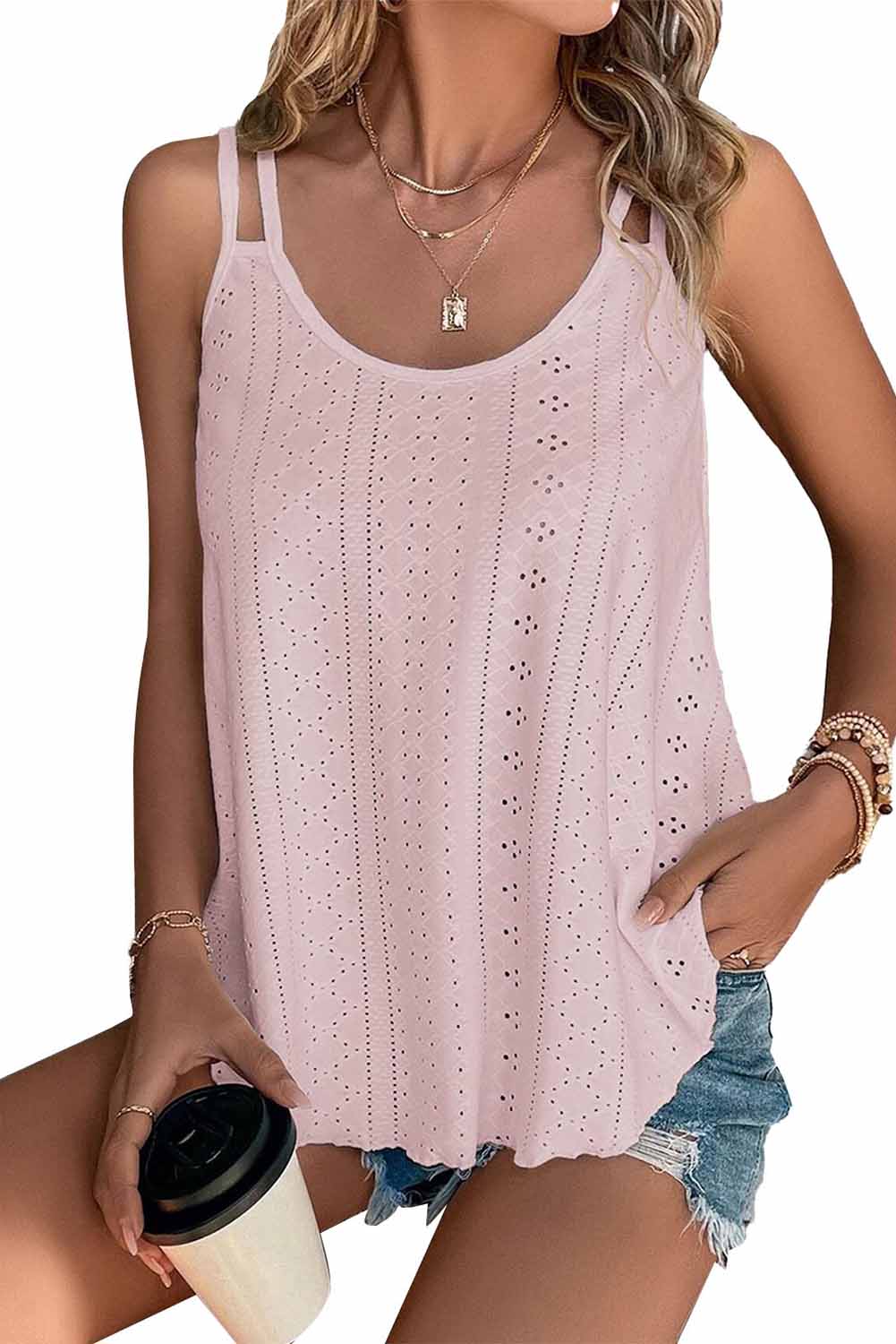 Pink Eyelet Strappy Scoop-Neck Tank Top