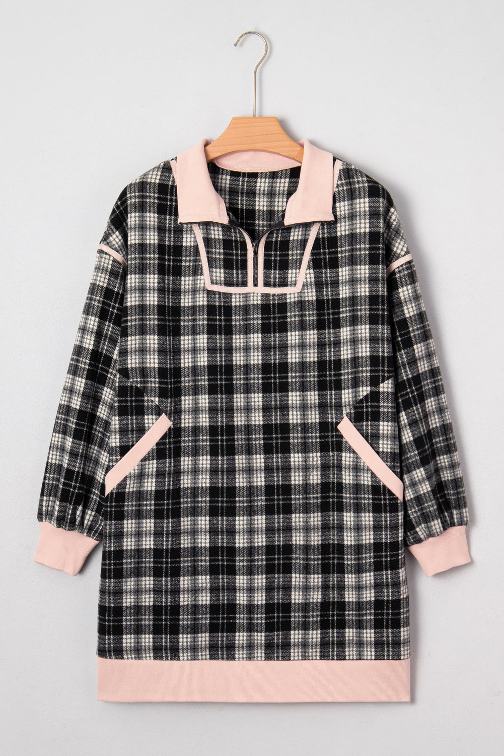 Black Plaid Polo Collar Zip up Contrast Trim Shift Long Sleeve Mini Dress