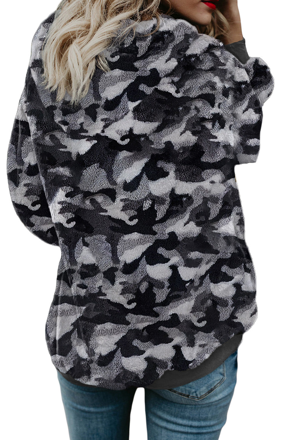 Gray Camo Print Warm Furry Pullover Hoodie