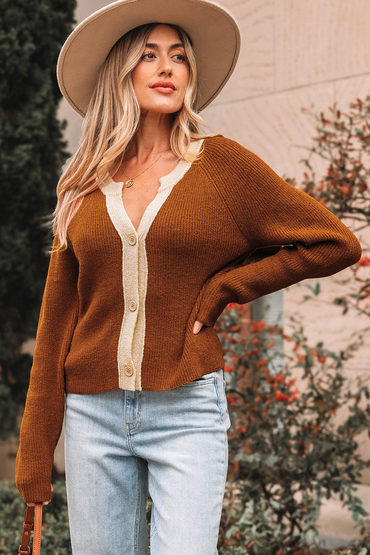 Chestnut Contrast Knit V Neckline Short Cardigan