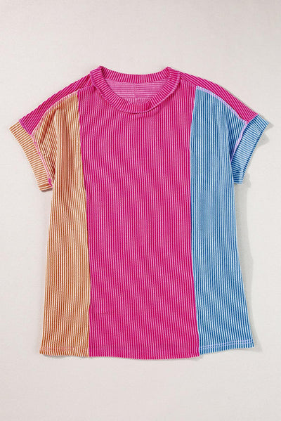 Rose Red Textured Colorblock Crew Neck T Shirt