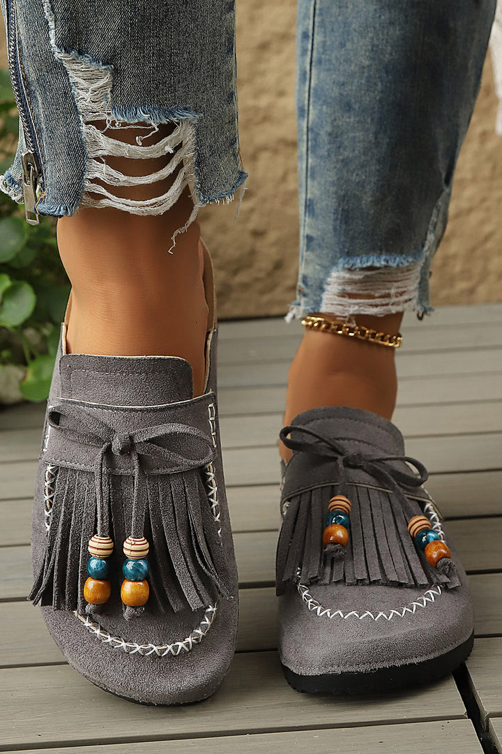 Chestnut Boho Bow Fringed Faux Suede Slip-on Loafers Square Toe Casual Slippers