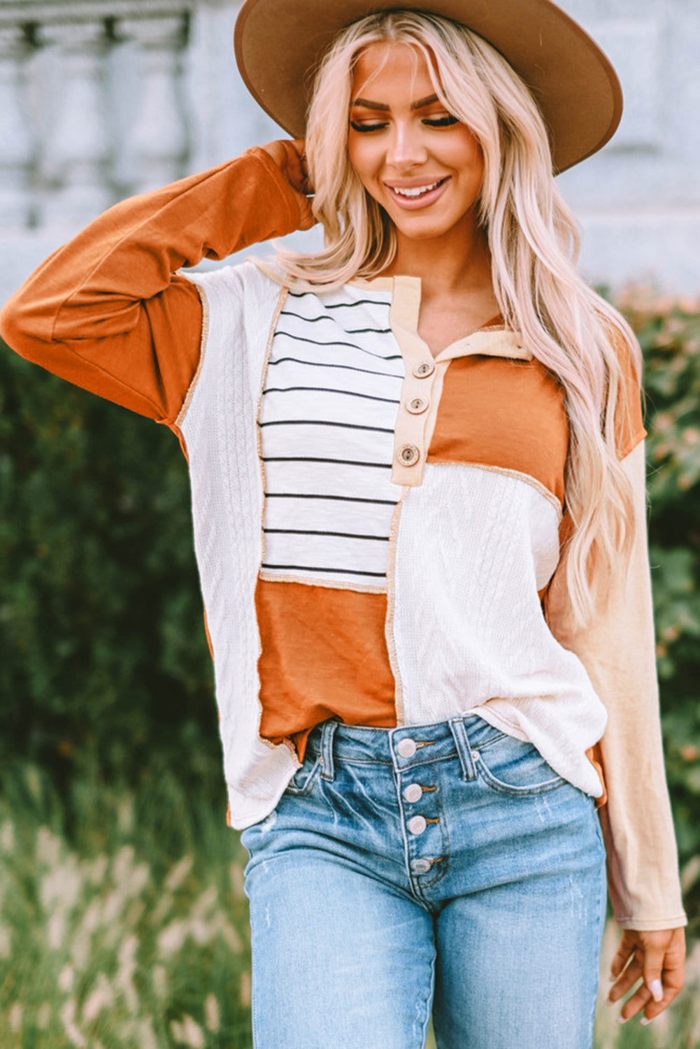 Orange Stripe Color Block Splicing Long Sleeve Henley Top