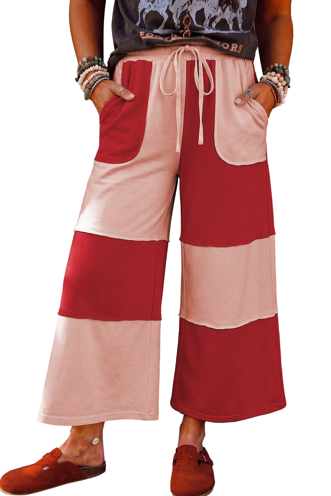Russet Orange Raw Seam Colorblock Wide Leg Ankle Length Casual Pants
