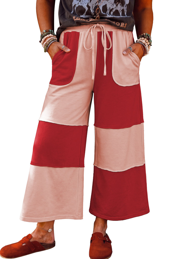 Russet Orange Raw Seam Colorblock Wide Leg Ankle Length Casual Pants