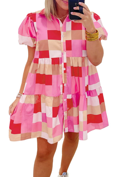 Pink Plaid Print Puff Sleeve Buttoned Tiered Dress