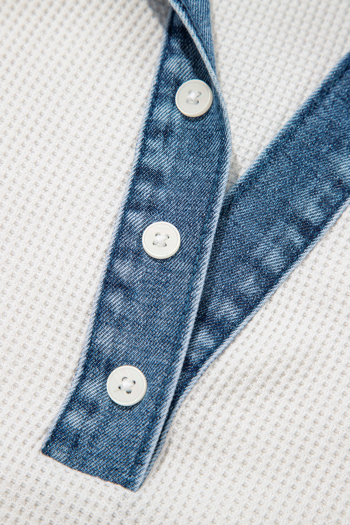 White Textured Color Block Denim Patchwork Polo Collar Tee