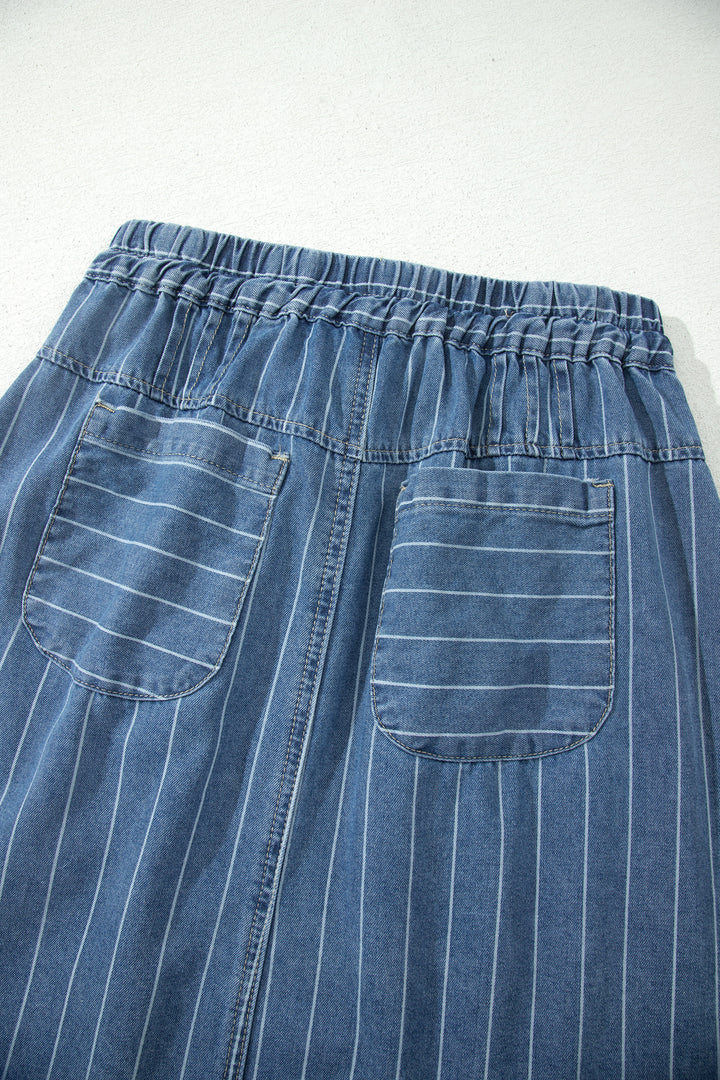Sky Blue Stripe Button Pintuck High Waist Drawstring Denim Midi Skirt