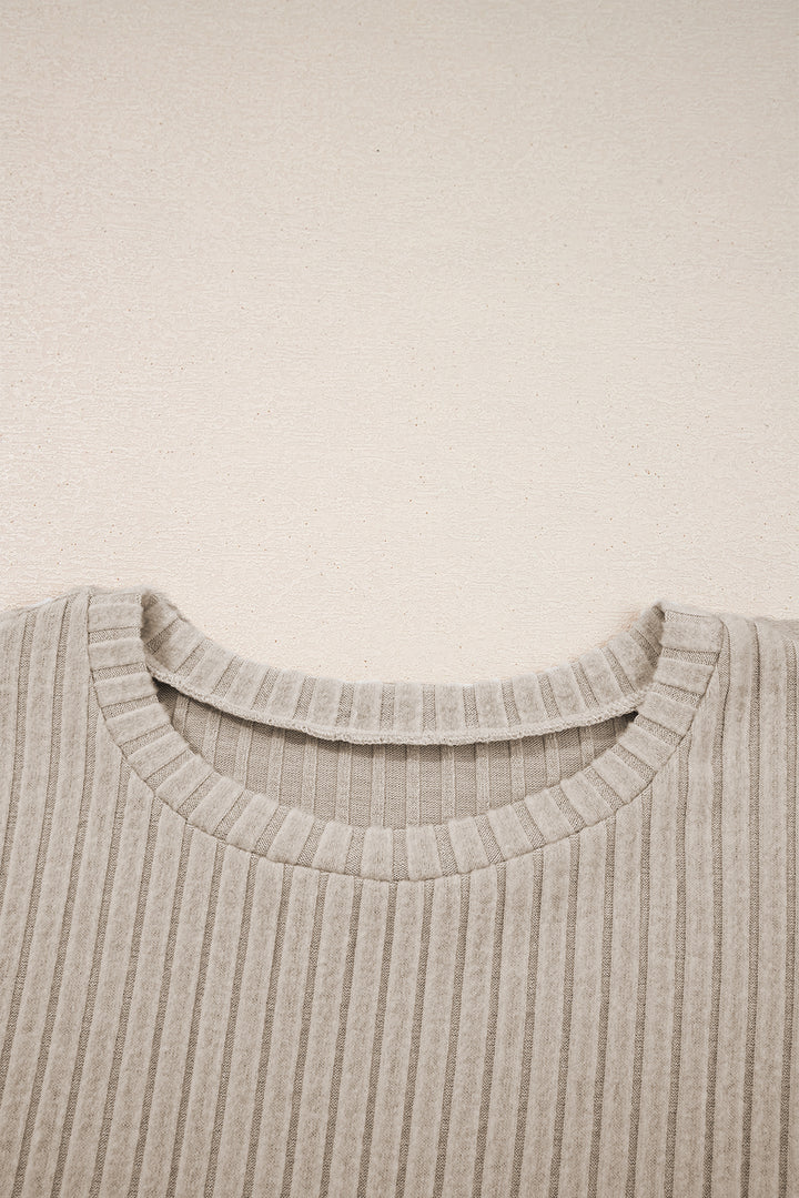 Jet Stream Ribbed Texture Round Neck Long Sleeve Rounded Hem Knit Top