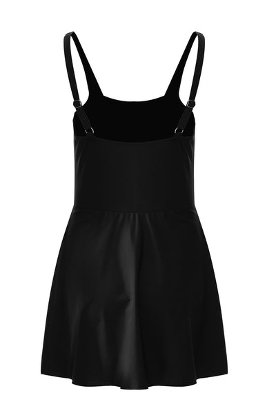 Black Side Tied Waist Square Neck Adjustable Straps A-line One Piece Swim Dress