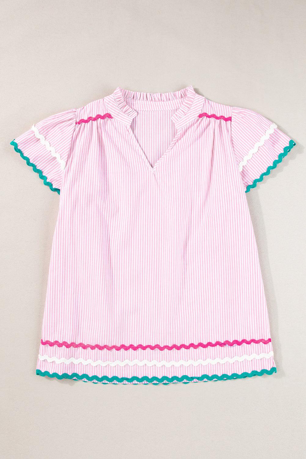 Pink Stripe Ricrac Trim Split Neck Striped Ruffled Sleeve Blouse