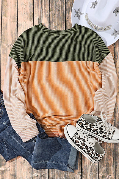 Green Color Block Long Sleeve Ribbed Loose Top