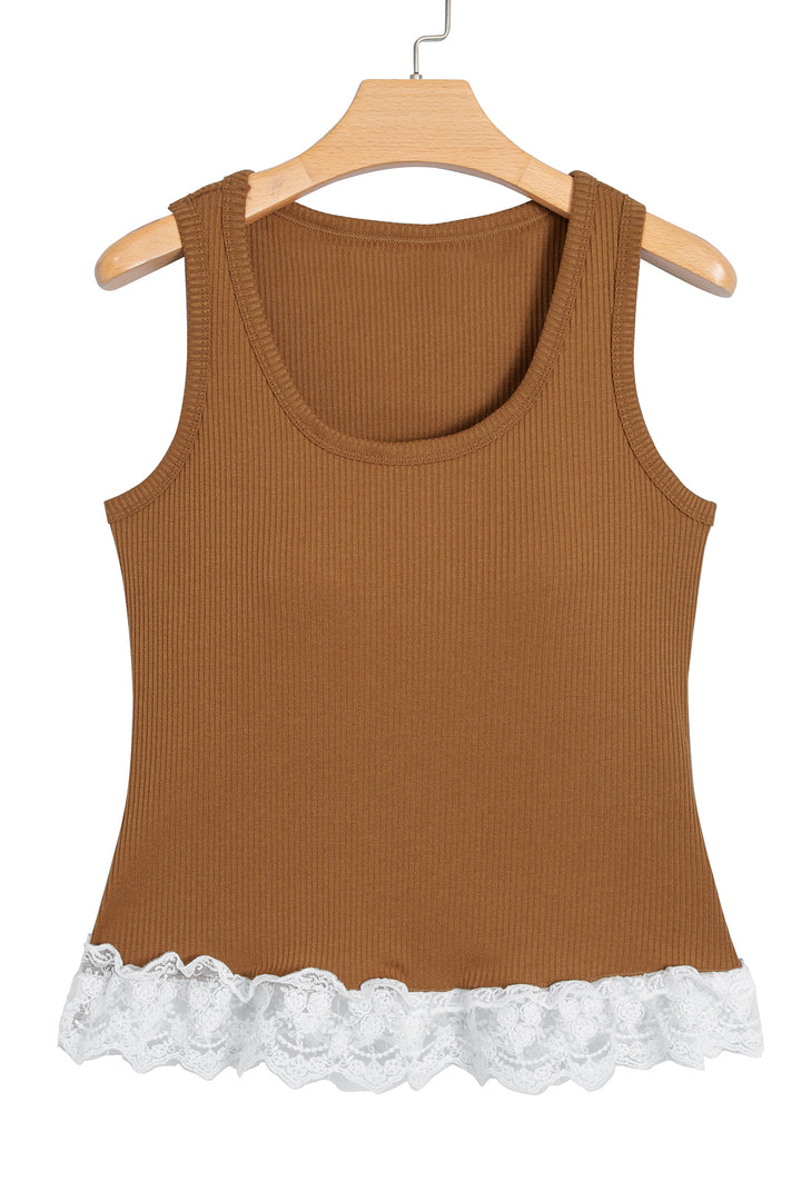 Beige Ribbed Knit Sweet Lace Hem Vest