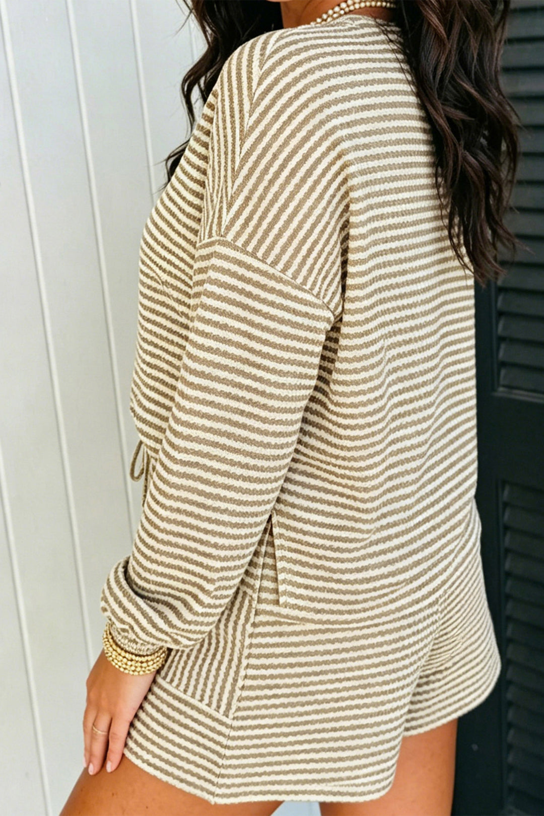 Brown Stripe Textured Knit Long Sleeve Top Elastic Waist Shorts Casual Outfit