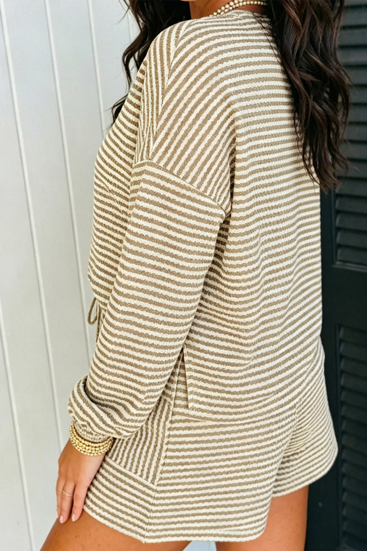 Brown Stripe Textured Knit Long Sleeve Top Elastic Waist Shorts Casual Outfit