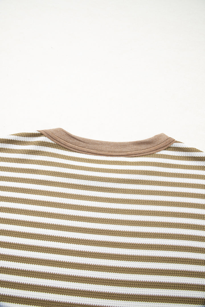 Khaki Stripe Thermal Knit Drop Shoulder Casual Top