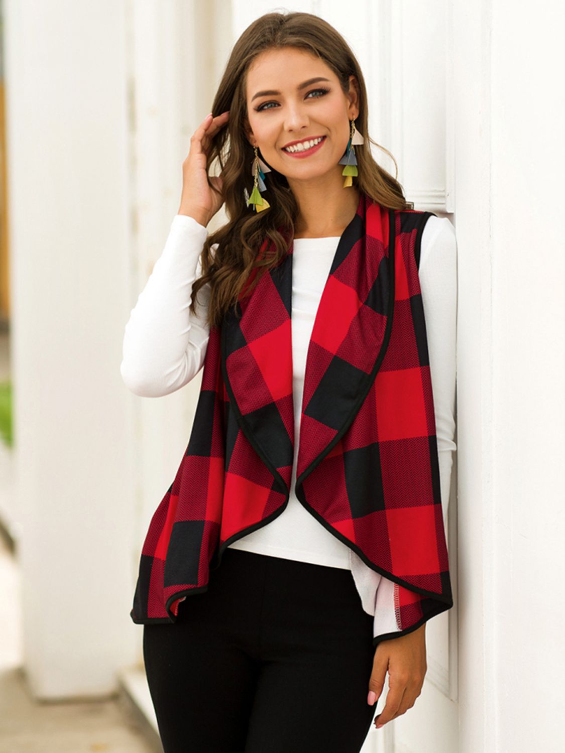 Shiny Plaid Open Front Sleeveless Cardigan