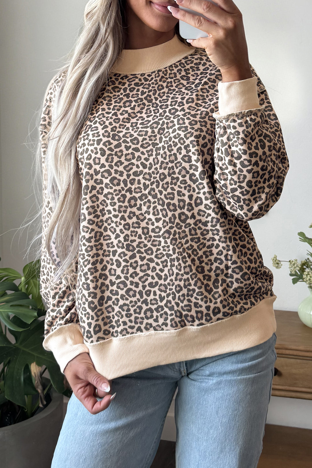 Multicolour Leopard Print High Neck Long Sleeve Ribbed Cuffs Hem Sweatshirt