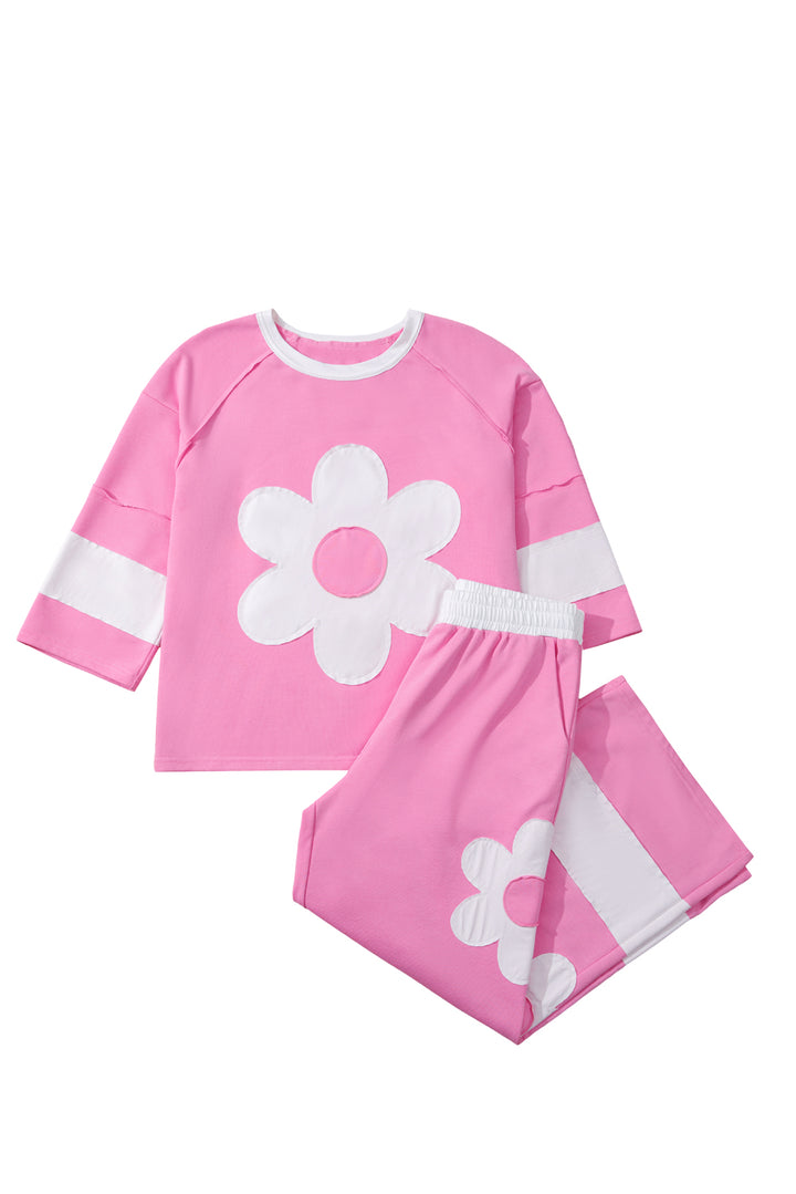 Orchid Bouquet Big Flower Patched Raw Seam Color Block 2 Piece Loose Pant Set