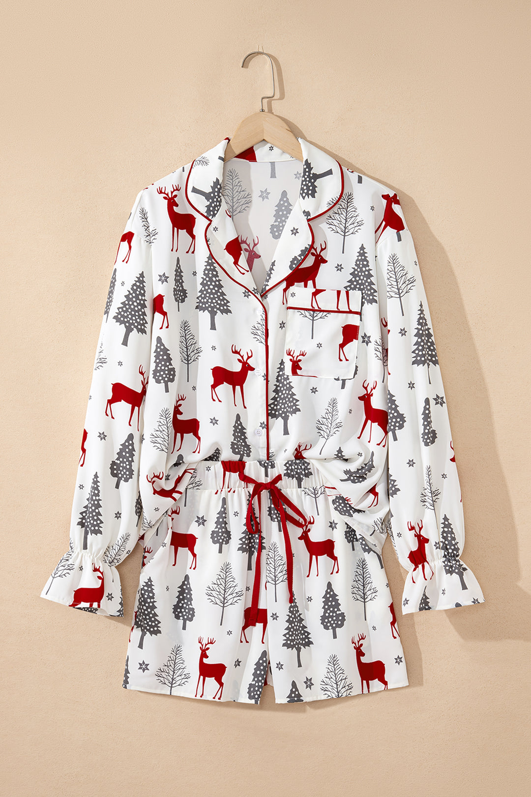 White Christmas Fashion Print Velvet Trim Bow Knot Pajama 2pcs Short Set